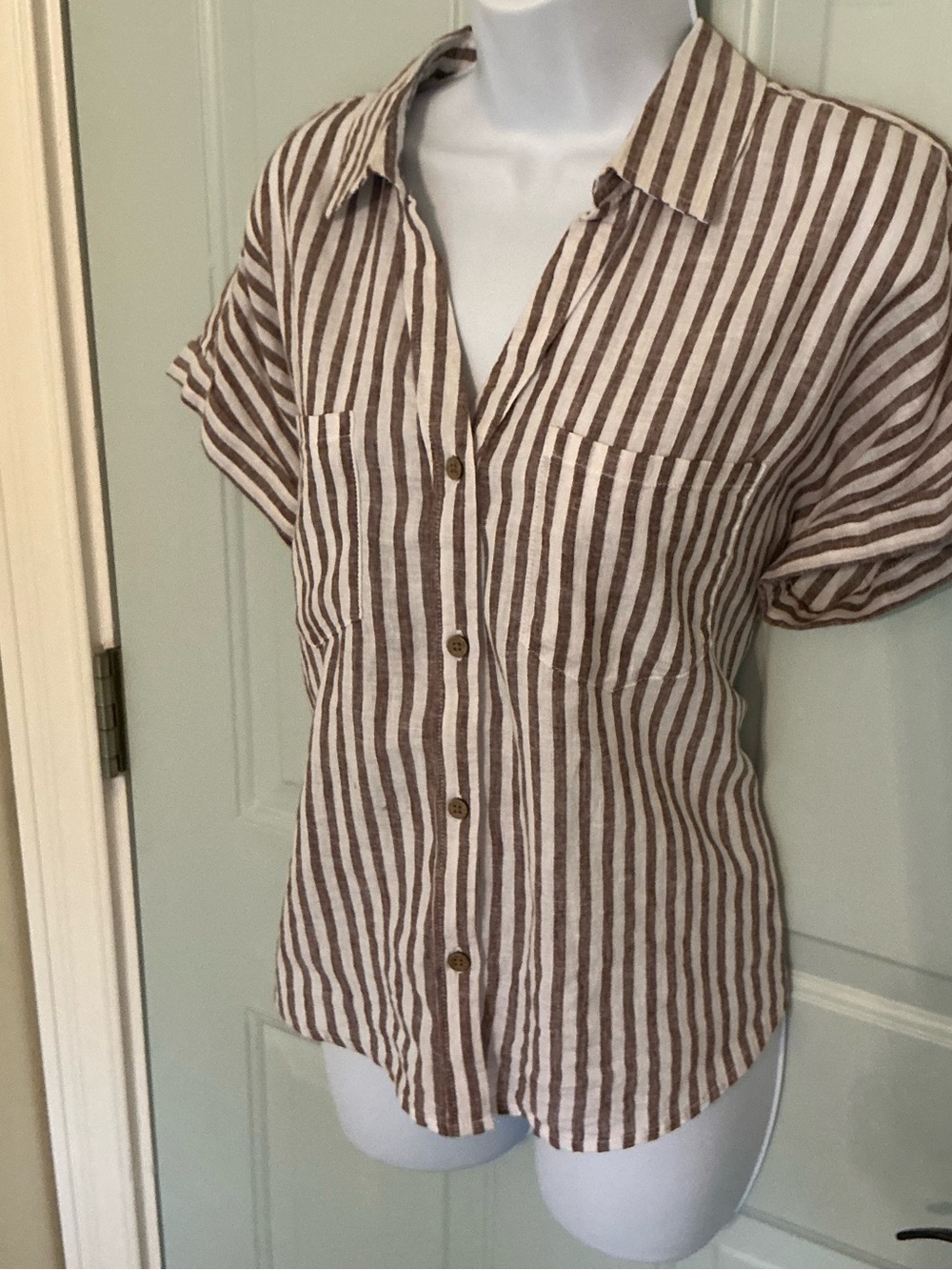 beachlunchlounge Brown and White Striped Button-Down Shirt